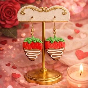 Artisan Crafted Strawberry Chocolate Drop Earrings Polymer Clay Hand Made